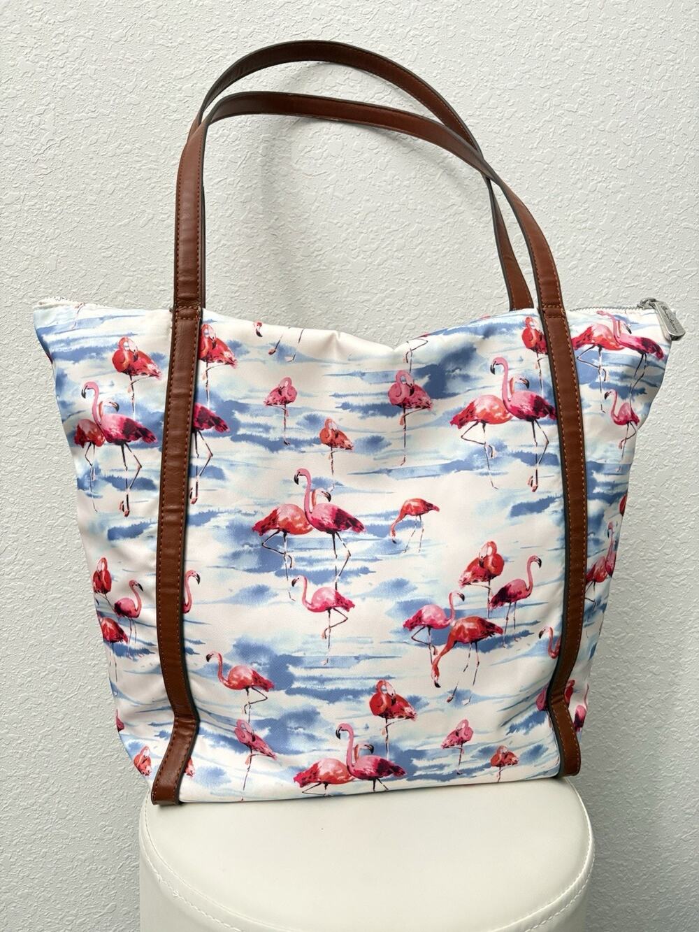 Tommy Bahama Flamingo Tote Bag Brown Faux Leather Straps Zip Top Beach Travel